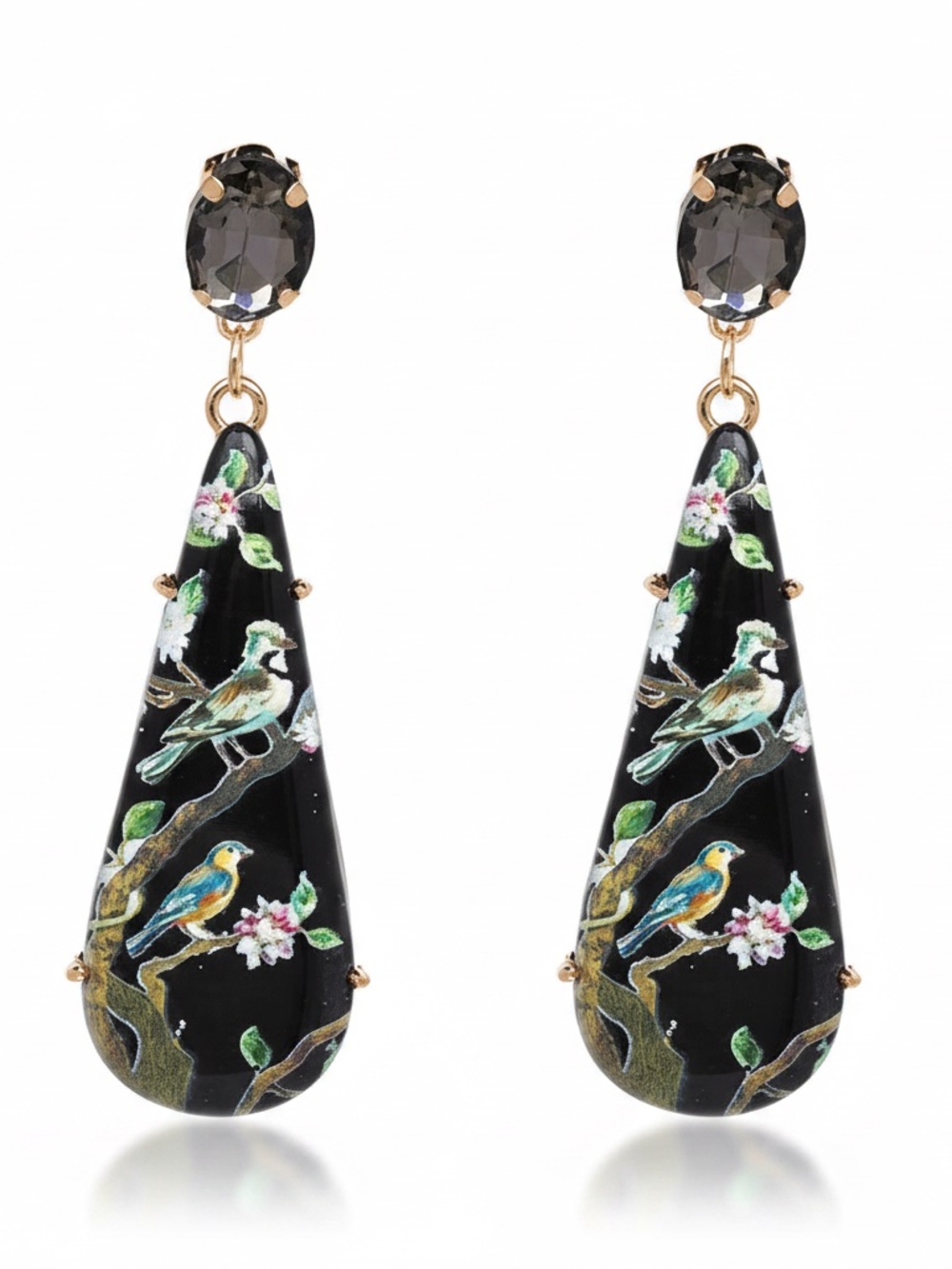 Womens Black Teardrop Bird Design‎ Earrings